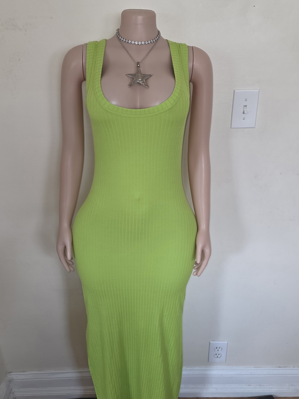 Scoop Neck Ribbed Maxi Dress in Lime Green